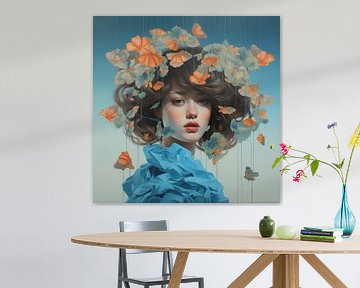 Vrouw met bloemen blauw van TheXclusive Art