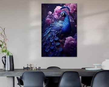 Blauwe pauw met paarse bloemen van Danny van Eldik - Perfect Pixel Design