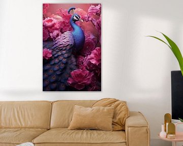Elegante blauwe pauw met roze bloemen van Danny van Eldik - Perfect Pixel Design