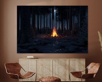 3d rendering of bonfire in a snowy forest and moonlight sky. by Besa Art