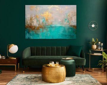 Abstract, turquoise, wit en goud van Joriali Abstract