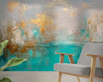 Abstract, turquoise, wit en goud van Joriali Abstract