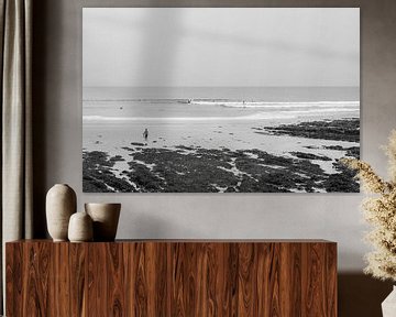 Surfers in France | Atlantic coast Brittany | Black-and-white photo print sea travel photography by HelloHappylife