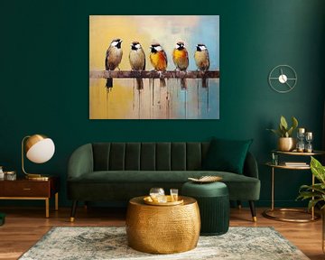Vogeltjes op Oker & Blauw van Blikvanger Schilderijen