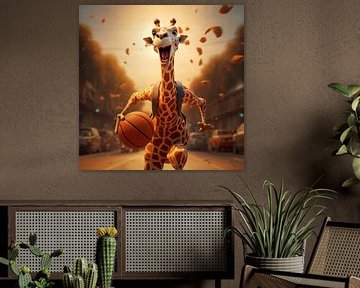 Giraffe plays basketball on the street by YArt