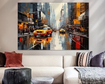 Gebouw in New York City met gele taxi, abstract schilderij van Animaflora PicsStock