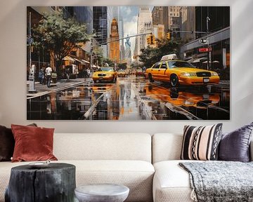 Gele taxi in een grote stad, abstract schilderij van Animaflora PicsStock