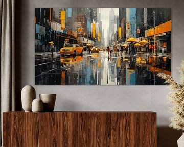 Winkelstraat met gele taxi in New York City, abstract schilderij van Animaflora PicsStock