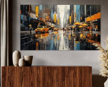 Winkelstraat met gele taxi in New York City, abstract schilderij van Animaflora PicsStock