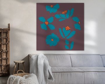 Flower market. Modern botanical art in turquoise, orange and purple by Dina Dankers