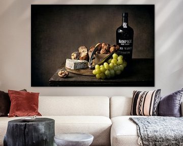 Modern still life of Port with cheese, nuts and grapes