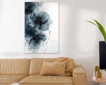 Abstract flowers in black with white background and gold elements by Digitale Schilderijen