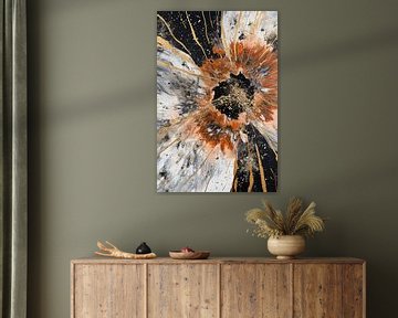 Explosion of abstract elements in gold, black, white and bronze