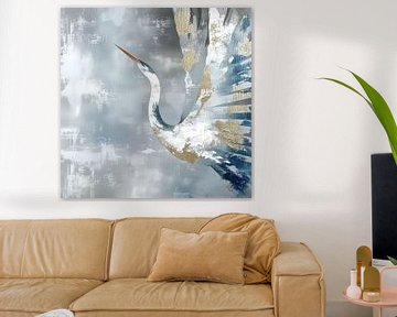 Serene Reflection: Blue-Gold Heron van Color Square