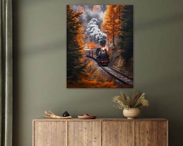 Historische trein in het herfstbos van fernlichtsicht