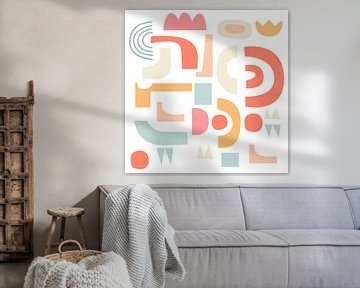 Happy shapes. Retro collage in orange, pink, yellow, blue on white by Dina Dankers