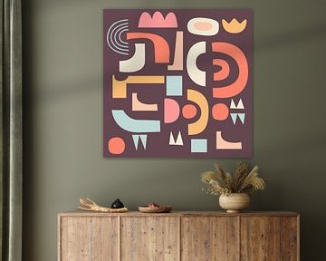 Happy shapes. Retro collage in pink, orange, yellow, blue on wine red by Dina Dankers