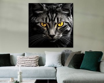 Zwart-witte tabby kat met felgele ogen van YArt