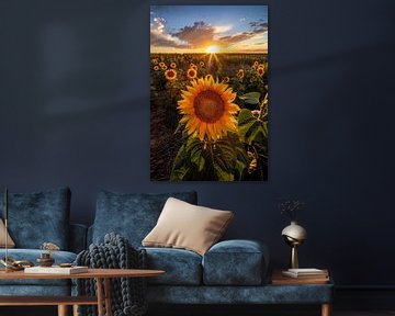 Prachtig Zonnebloemveld Zonsondergang - Kunstfoto van Zonnebloemen, Natuur Muurkunst, Landschapsfotografie Prints van Daniel Forster