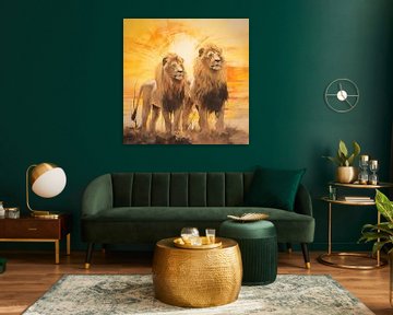 2 leeuwen in savanne abstract van The Xclusive Art