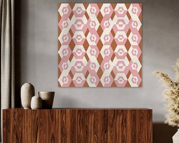 Geometrisch jaren 70 retro patroon in roze, wit en okergeel. van Dina Dankers