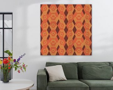 Geometrisch jaren 70 retro patroon in bruin, oranje en okergeel. van Dina Dankers