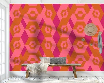 70s retro geometric pattern in neon pink, ocher yellow and light pink. by Dina Dankers