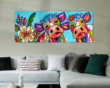 Two Happy Cows in Tropical Paradise by Happy Paintings