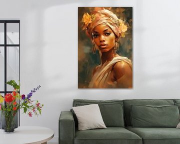 Femme africaine dans des tons de terre et des couleurs pastel