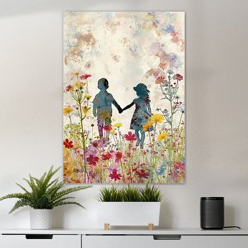 Hand in hand in the colourful field of flowers by Bianca ter Riet