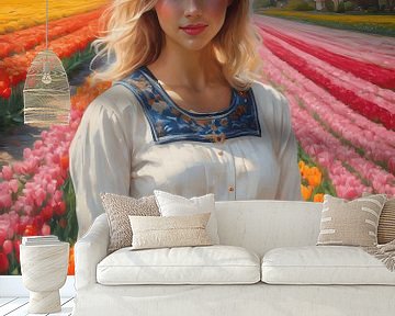 Hollands meisje in tulpenveld met delfsblauwe kleding van Jolique Arte