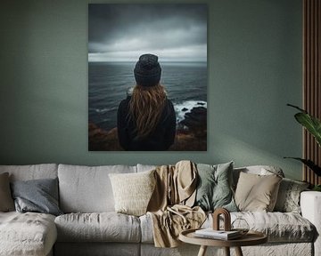 Jonge vrouw kijkt uit over het kustlandschap
