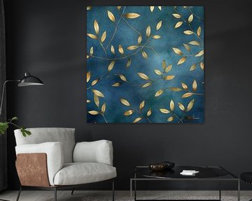 Goudkleurige bladeren op een blauwe achtergrond, japanse stijl van Lauri Creates