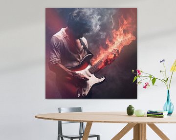 Gitarrist mit brennender Gitarre