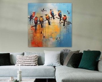 Vogels op stok lichtblauw abstract van The Xclusive Art