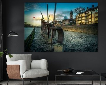 Artwork (ship) on Deventer's Welle with Deventer in the background during sunset.... by Bart Ros