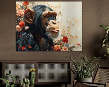 Reflectie van Wijsheid - Chimpansee in Florale Gedachten van Eva Lee