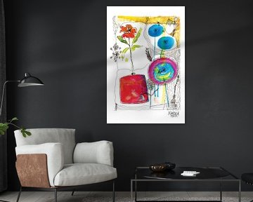 flower vase with bird, colorful art print by mariska eyck