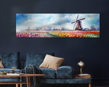 Dutch Windmill Idyll | Moulin à vent hollandais sur Peinture Abstraite