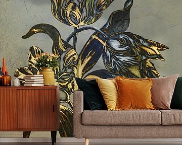 Tulpe in warmem Blau, Gold und Bronze.