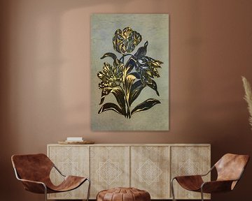 Tulpe in warmem Blau, Gold und Bronze. von Alie Ekkelenkamp