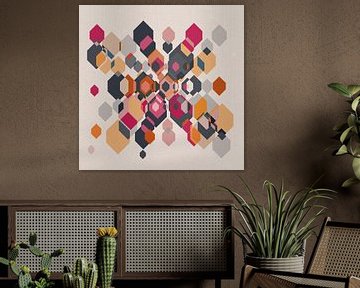 Colorful 70s retro geometric abstraction in yellow, blue and dark pink by Dina Dankers