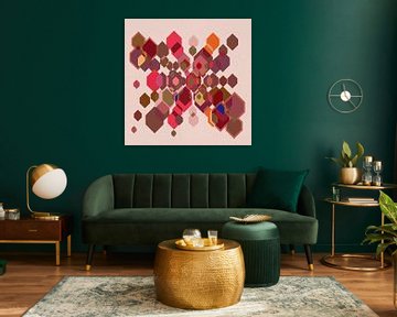 Colorful 70s retro geometric abstraction in warm red, green, purple by Dina Dankers