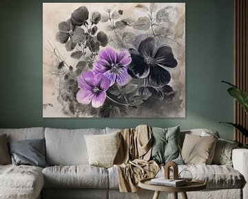 Monochrome avec Violets | Artwork floral sur Blikvanger Schilderijen