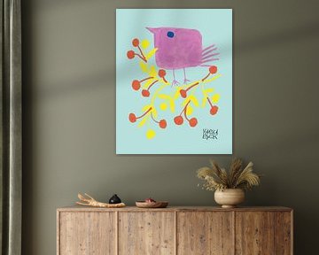 roze vogel, vrolijke kunstdruk van mariska eyck