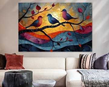 Schilderij Vogels | Schilderij Vogels op Tak | Kleurrijk Schilderij van AiArtLand