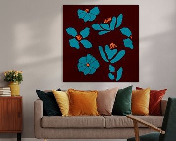 Bloemenmarkt. Moderne botanische kunst in turquoise, oranje, bruin van Dina Dankers