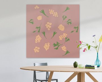 Flower market. Modern botanical art in warm taupe, green, yellow by Dina Dankers