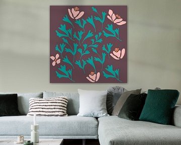 Flower market. Modern botanical art in pink, turquoise, wine red by Dina Dankers
