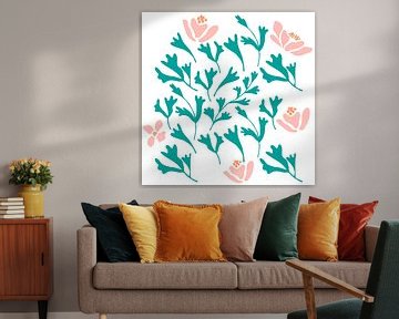 Marché aux fleurs. Art botanique moderne en vert, rose et blanc. sur Dina Dankers